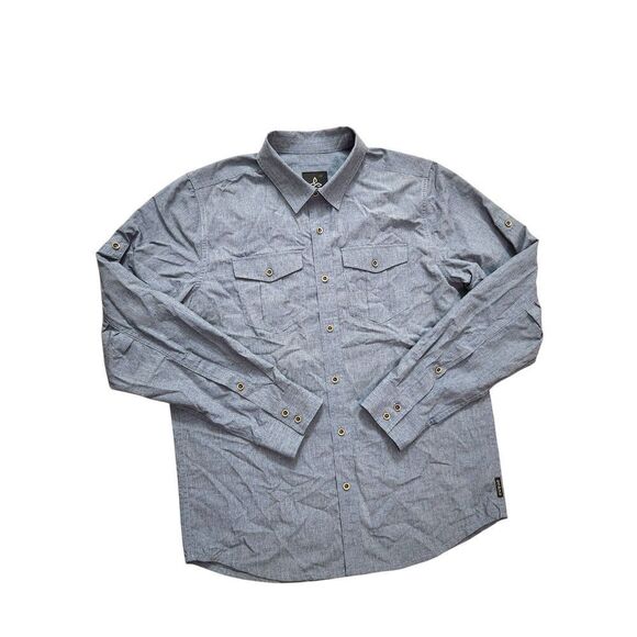 PrAna Men's Med button up Hiking Outdoor shirt Blue chest pocket Roll Tab nylon - Picture 3 of 10